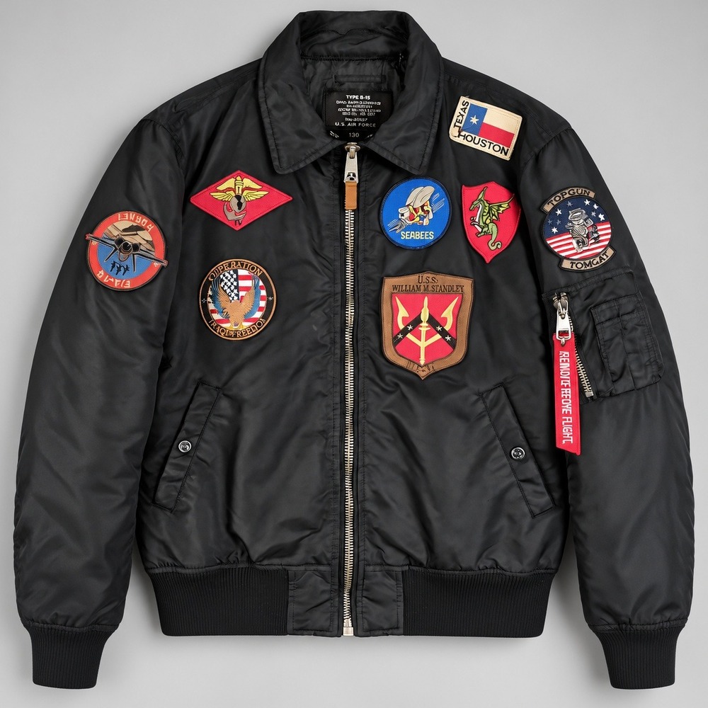 Top Gun New York Type B-15 Flight Bomber Jacket Black Patches Mens XL